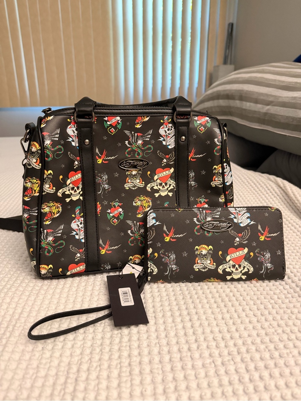 Ed Hardy Black Tattoo-Print Duffel Bag and Wallet SET SOLD TOGETHER